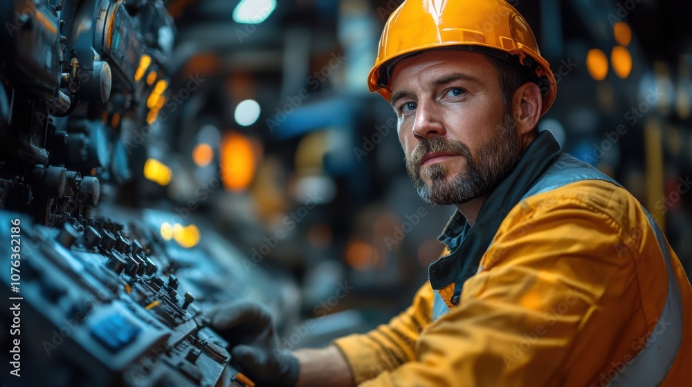 Worker operating machinery in an industrial setting. Worker operating machinery in an industrial setting.