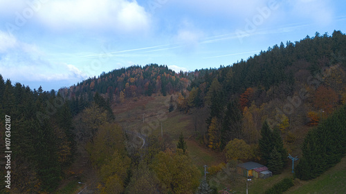 Autumn in the mountains, autumn mountains from above. Drone view. photo