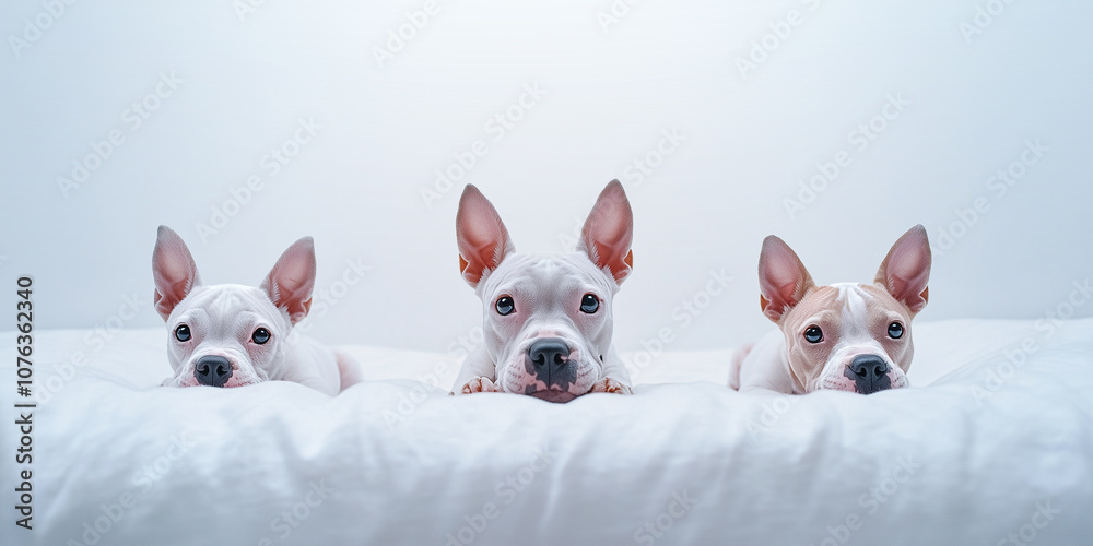 Adorable Puppies Resting Comfortably on a Soft White Bed Adorable Puppies Resting Comfortably on a Soft White Bed