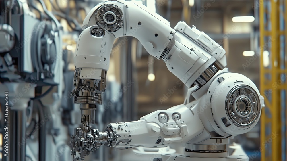 A White Robotic Arm with Multiple Joints in an Industrial Setting A White Robotic Arm with Multiple Joints in an Industrial Setting