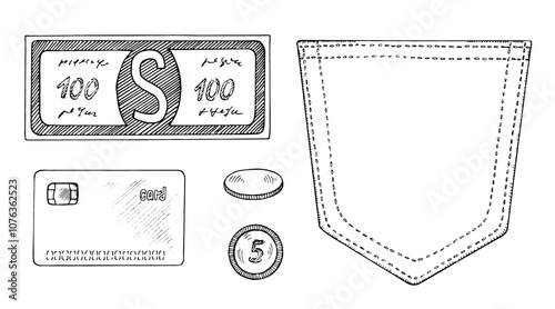 Money vector set with banknotes, coins, and credit card illustrations in black and white. Hand drawn style for financial themes. Great for personal finance, budgeting, and digital wallet icons