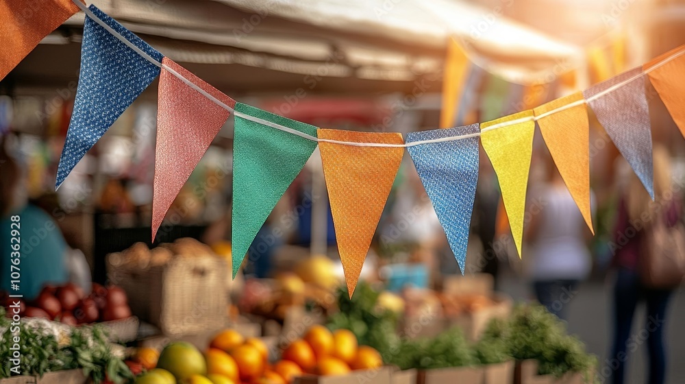 Fototapeta premium Close-up of colorful pennant flags at an outdoor market, blurred background with people, sunny and festive scene, dynamic colors, summer celebration vibes