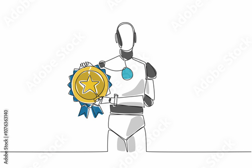 Single one line drawing artificial intelligence robot holding medal emblem. Potential of AI to surpass human capabilities. Tech. Employee Appreciation Day. Continuous line design graphic illustration