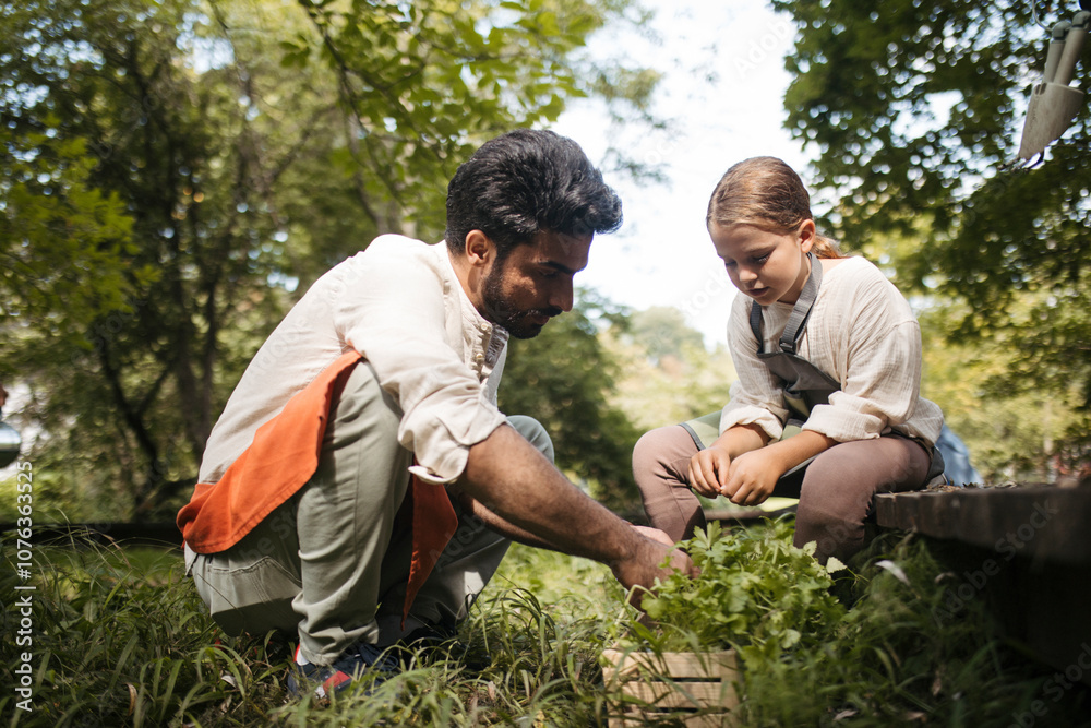 Young man and girl preparing herbs for planting at community garden Young man and girl preparing herbs for planting at community garden