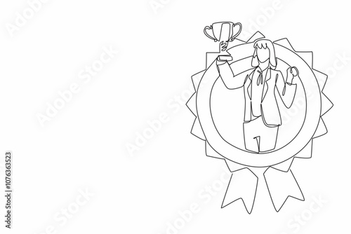 Continuous one line drawing woman in blazer holding trophy. Breaking gender barriers in the workplace. Professional achievement. Employee Appreciation Day. Single line draw design vector illustration