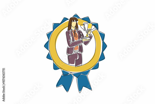 Continuous one line drawing woman in blazer raise the trophy proudly. Unwavering pursuit of success. Accomplishment. Victory. Employee Appreciation Day. Single line draw design vector illustration