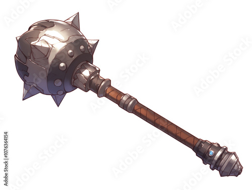 spiked mace with metallic head and wooden handle, isolated on white background, showcasing fantasy weapon design photo