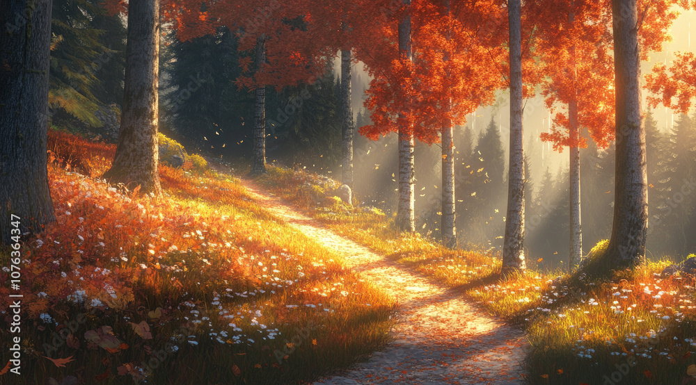 Fototapeta premium Winding Trail in Enchanted Autumn Forest, Sunlight Filtering Through