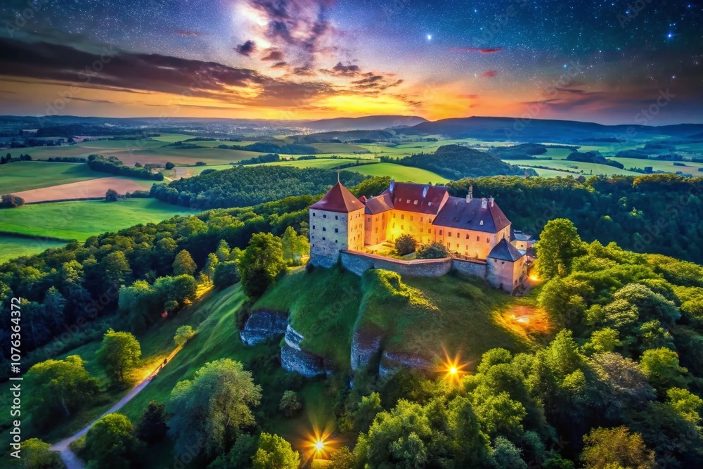 Fototapeta premium Aerial Night Photography of Olesko Castle in Ukraine Showcasing Illuminated Architecture and Surrounding Landscape Under a Starry Sky