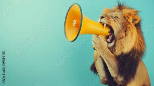 A stunning lion, full of character, fiercely roars into a yellow loudspeaker set against a bright blue background, symbolizing powerful communication and leadership. photo