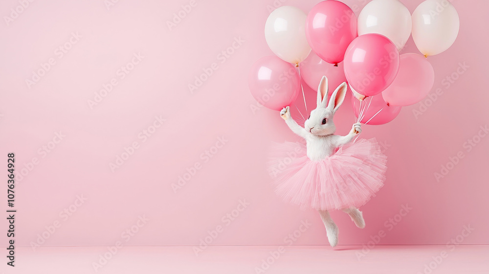 cheerful bunny rabbit in pink tutu joyfully holds bunch of pink and white balloons against soft pink background, creating playful and festive atmosphere cheerful bunny rabbit in pink tutu joyfully holds bunch of pink and white balloons against soft pink background, creating playful and festive atmosphere