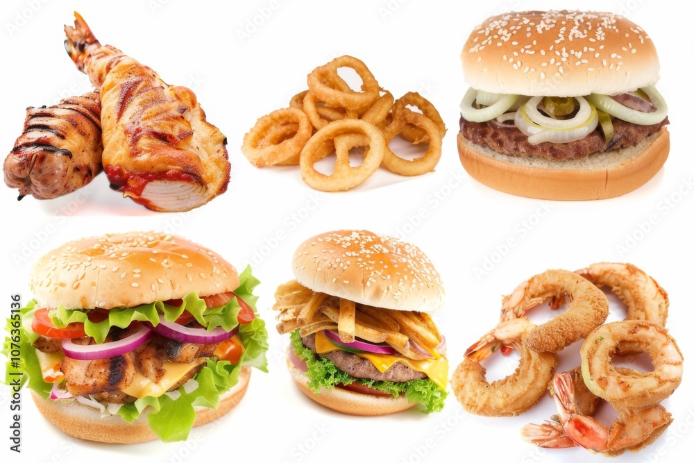 Indulge in an appetizing spread featuring classic fast foods like juicy burgers, crispy onion rings, and savory shawarma, inviting cravings for every palate. Indulge in an appetizing spread featuring classic fast foods like juicy burgers, crispy onion rings, and savory shawarma, inviting cravings for every palate.