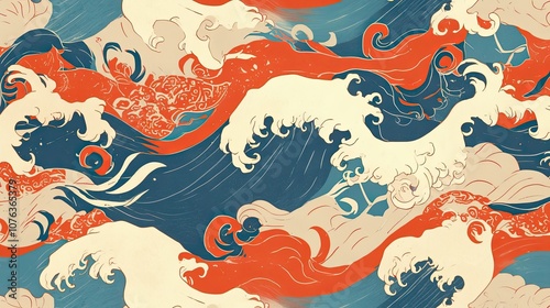 Abstract Japanese-inspired wave pattern with red and blue tones.