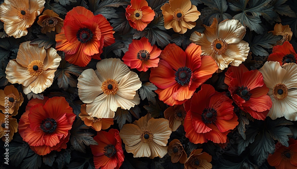 custom made wallpaper toronto digitalGlossy flowers bouquets and leaves with golden red, and black color luxury decoration 