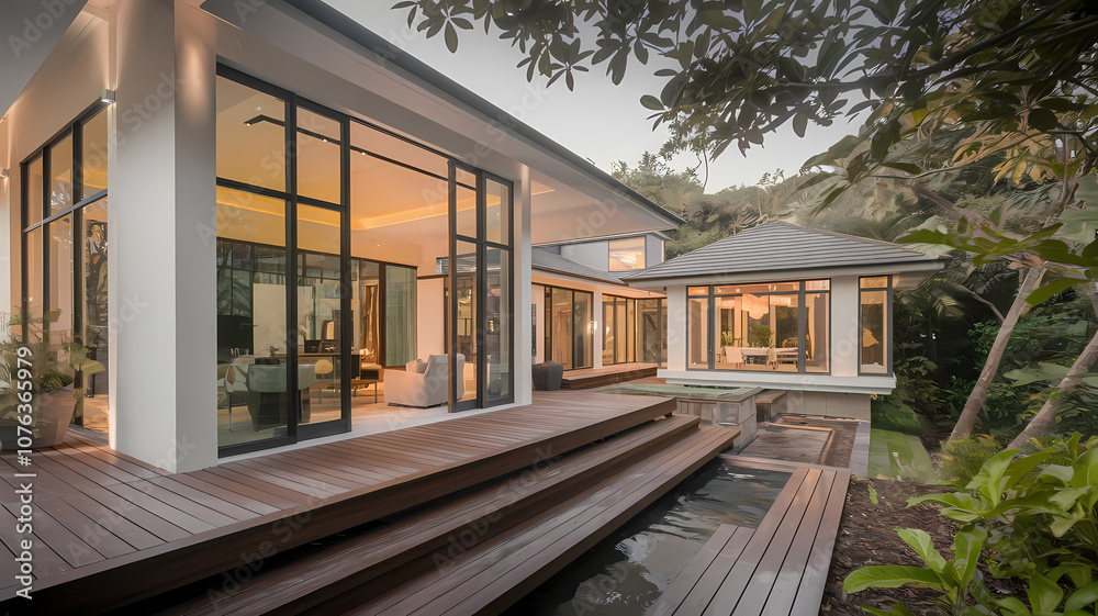Fototapeta premium Modern architectural home with large glass windows, wooden deck, and natural surroundings, creating a harmonious blend of indoor and outdoor living spaces. Stylish and inviting design.