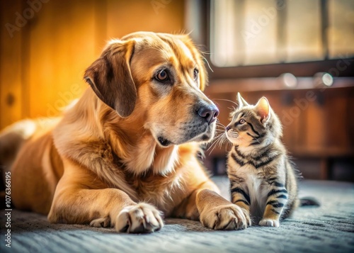 Wallpaper Mural Heartwarming Bond of Large Dog and Small Kitten in Candid Photography - Adorable Pets Sharing Love and Friendship in a Warm, Cozy Setting Torontodigital.ca