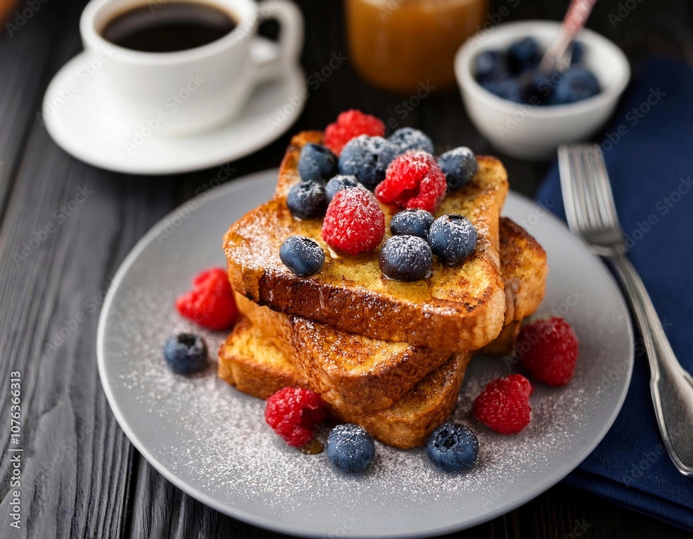 French cinnamon toast with blueberries, raspberries, maple syrup and coffee. morning breakfast on black wooden table French cinnamon toast with blueberries, raspberries, maple syrup and coffee. morning breakfast on black wooden table
