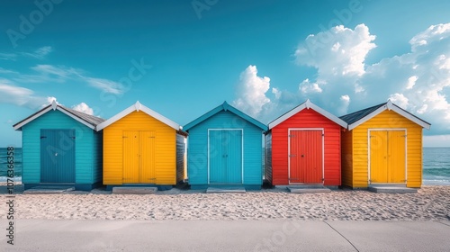 Colorful Beach Huts Under Sunny Sky