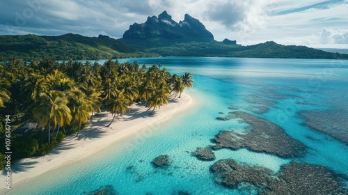 Tropical Paradise: An Aerial View of a Secluded Island with Palm Trees, Turquoise Waters and a Mountain in the Distance