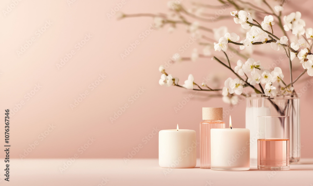 Elegant Minimalist Setting with Candles and Blossoming Floral Decor for Serene Ambiance Elegant Minimalist Setting with Candles and Blossoming Floral Decor for Serene Ambiance