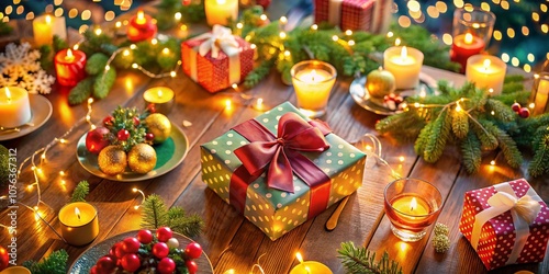 Aerial View of a Festive Christmas Table Decorated with Gift Boxes and Beautiful Bokeh Background, Capturing the Essence of Holiday Joy and Celebration