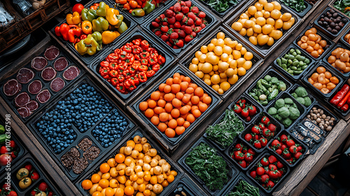 Wallpaper Mural Fresh fruits and vegetables arranged in colorful trays at market, showcasing variety of produce including peppers, tomatoes, and berries, creating vibrant and healthy display Torontodigital.ca