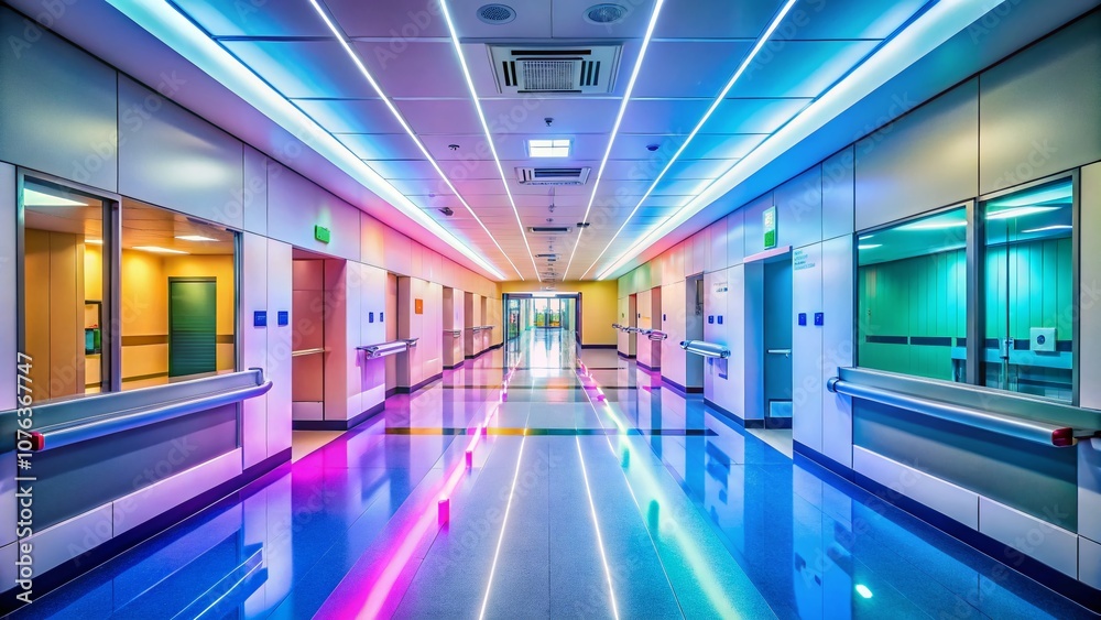 Aerial View of a High-Quality Modern Hospital Corridor Illuminated by Fluorescent Lights, Showcasing Sleek Design and Advanced Healthcare Facilities Aerial View of a High-Quality Modern Hospital Corridor Illuminated by Fluorescent Lights, Showcasing Sleek Design and Advanced Healthcare Facilities