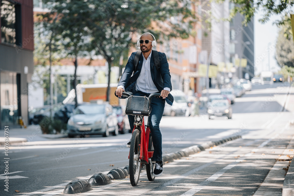 Businessman wearing wireless headphones and riding bicycle on street