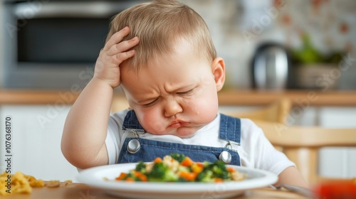 Cute Baby Holding His Head with Hand Refusing to Eat Food