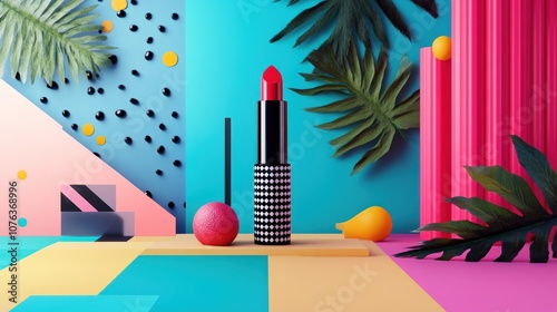 Red Lipstick on Geometric Background with Tropical Leaves and Spheres