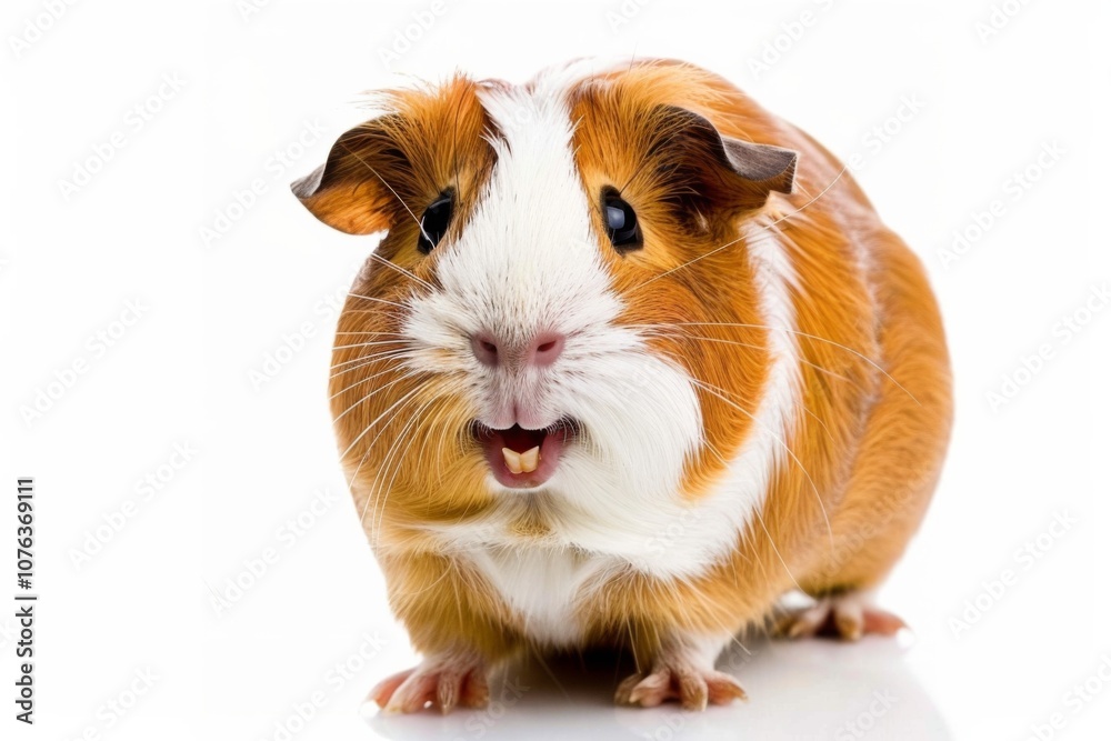 A joyful guinea pig beams with happiness on a clean white background, showcasing its playful personality and fuzzy charm. Its adorable smile brings delight to all who gaze at it. A joyful guinea pig beams with happiness on a clean white background, showcasing its playful personality and fuzzy charm. Its adorable smile brings delight to all who gaze at it.