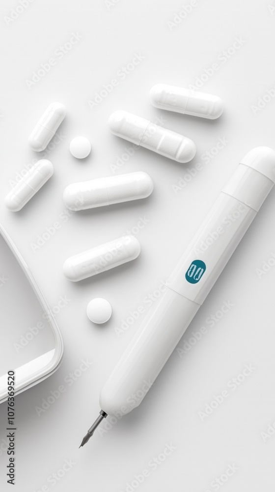 A close-up image featuring a pen and white capsules on a clean surface, symbolizing health and wellness.