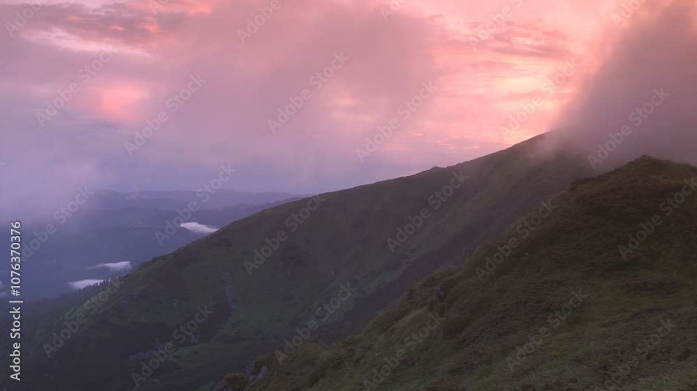 Misty mountain valley at dawn, bathed in soft pink light. The fog creates a mysterious and ethereal atmosphere, gently enveloping the forested hills in tranquility. Misty mountain valley at dawn, bathed in soft pink light. The fog creates a mysterious and ethereal atmosphere, gently enveloping the forested hills in tranquility.