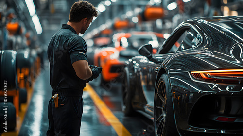 Close-up of a mechanic’s hand holding a new car tire in a car workshop, symbolizing car maintenance and repair 