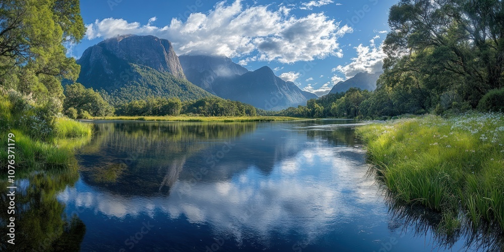 Fototapeta premium Serene River Winding Through Majestic Mountain Valley Under a Cloudy Sky