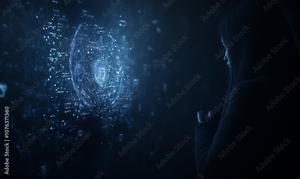 A mysterious figure in a dark space interacts with a holographic display, creating a captivating digital atmosphere with fragmented light. A mysterious figure in a dark space interacts with a holographic display, creating a captivating digital atmosphere with fragmented light.