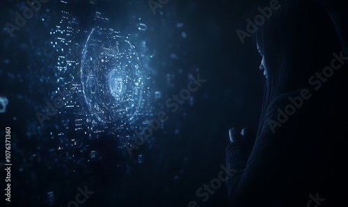 A mysterious figure in a dark space interacts with a holographic display, creating a captivating digital atmosphere with fragmented light.