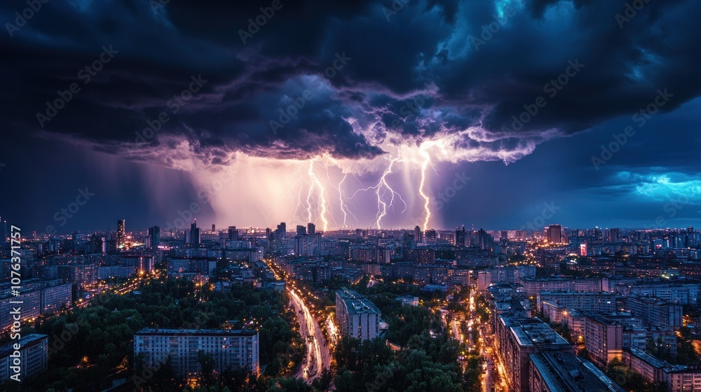 Fototapeta premium Lightning Storm Over Cityscape