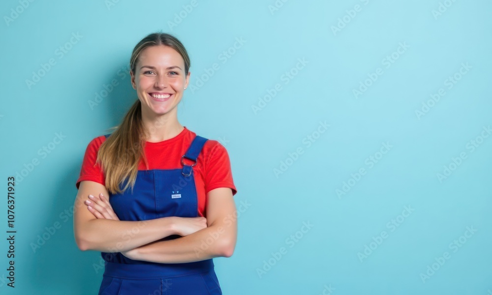 Woman in construction-themed clothes, including yellow hard hat and blue jumpsuit, on blue background. His thumbs up indicates approval or satisfaction, perhaps indicating successful completion task Woman in construction-themed clothes, including yellow hard hat and blue jumpsuit, on blue background. His thumbs up indicates approval or satisfaction, perhaps indicating successful completion task