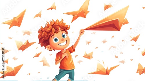 a 2D cartoon illustration of a boy making paper airplanes, creative and fun, white background--ar 16:9 photo