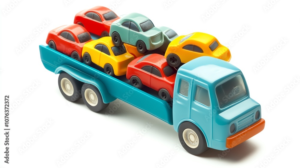 a 2D cartoon illustration of a toy truck carrying tiny cars, fun and active, white background--ar 16:9 a 2D cartoon illustration of a toy truck carrying tiny cars, fun and active, white background--ar 16:9