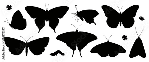 Butterfly silhouette set in vector format. Simple black shapes of flying insects, perfect for icons or logos. Ideal for nature and wildlife themed decor