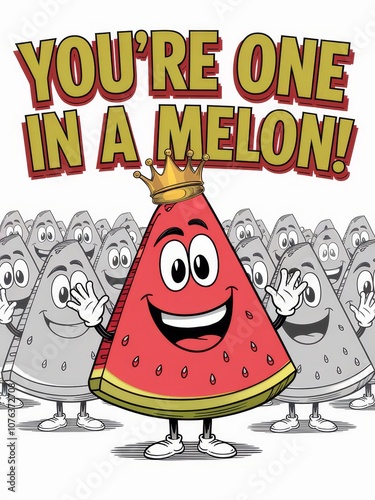 A cheerful cartoon watermelon slice wearing a crown with the phrase 