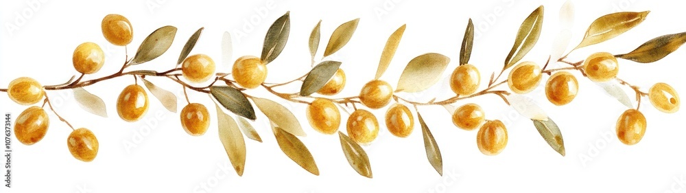 Watercolor Painting of an Olive Branch with Golden Olives and Green Leaves Watercolor Painting of an Olive Branch with Golden Olives and Green Leaves