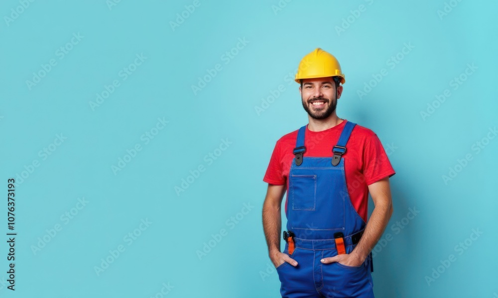 Man in construction-themed clothes, including yellow hard hat and blue jumpsuit, on blue background Man in construction-themed clothes, including yellow hard hat and blue jumpsuit, on blue background