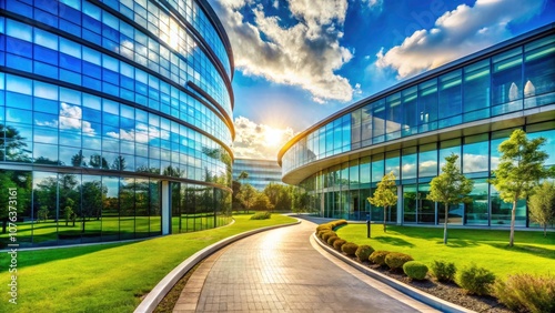 Modern Curved Glass Office Building with Bokeh Effect in Lush Landscape under Clear Blue Sky