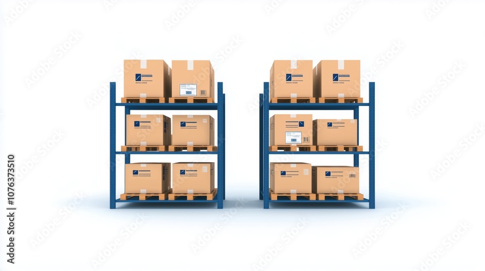 Storage shelves with cardboard boxes on a white isolated background. Storage shelves with cardboard boxes on a white isolated background.