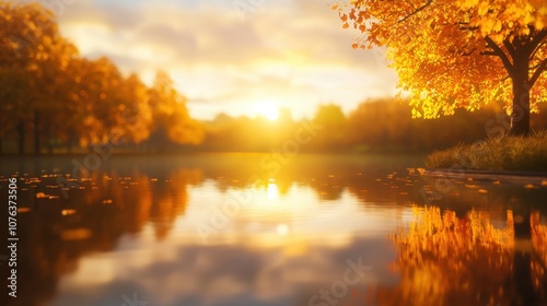 Witness the breathtaking beauty of autumn trees reflecting in a pond during a stunning sunrise glow