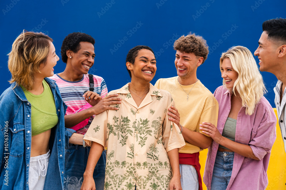 Group of friends are happy for young woman and encouraging her Group of friends are happy for young woman and encouraging her