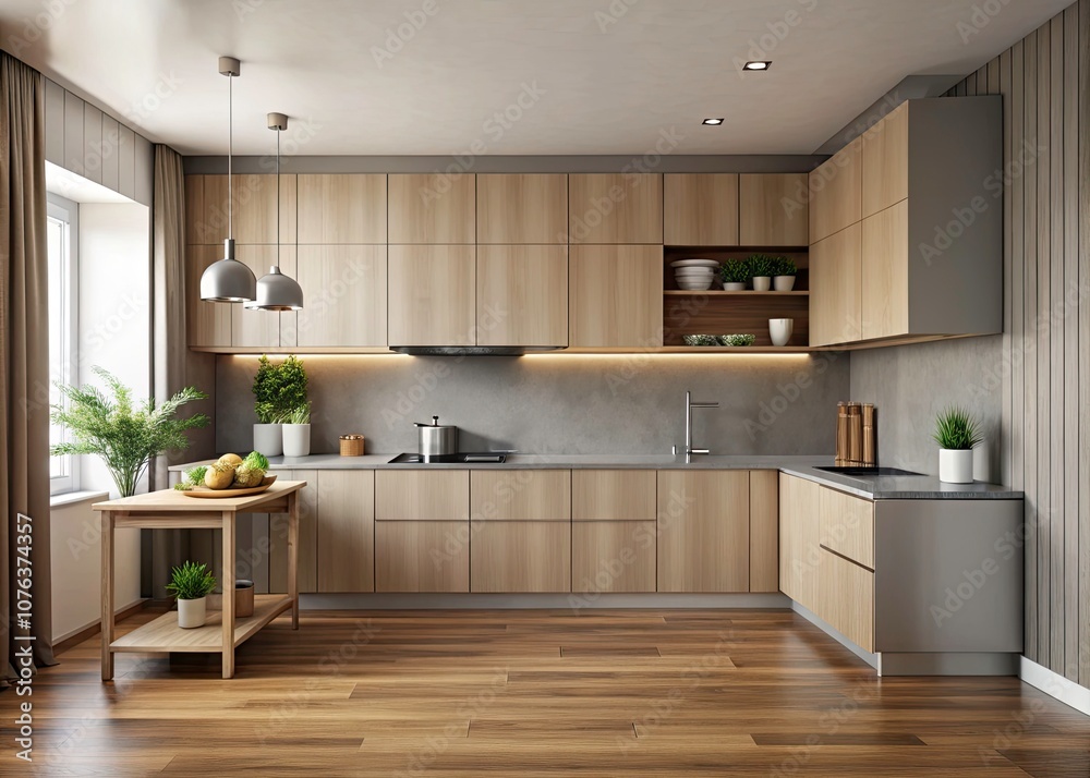 Modern Minimalist Kitchen Interior with Beige Walls, Wooden Floors, Gray Countertops, and Wooden Cupboards for Elegant Home Decor Inspiration Modern Minimalist Kitchen Interior with Beige Walls, Wooden Floors, Gray Countertops, and Wooden Cupboards for Elegant Home Decor Inspiration